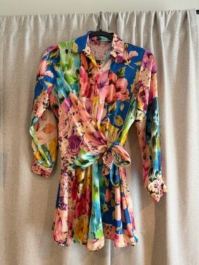 Zara Multicolor Floral Tie-Waist Romper - Blue, Pink, Green